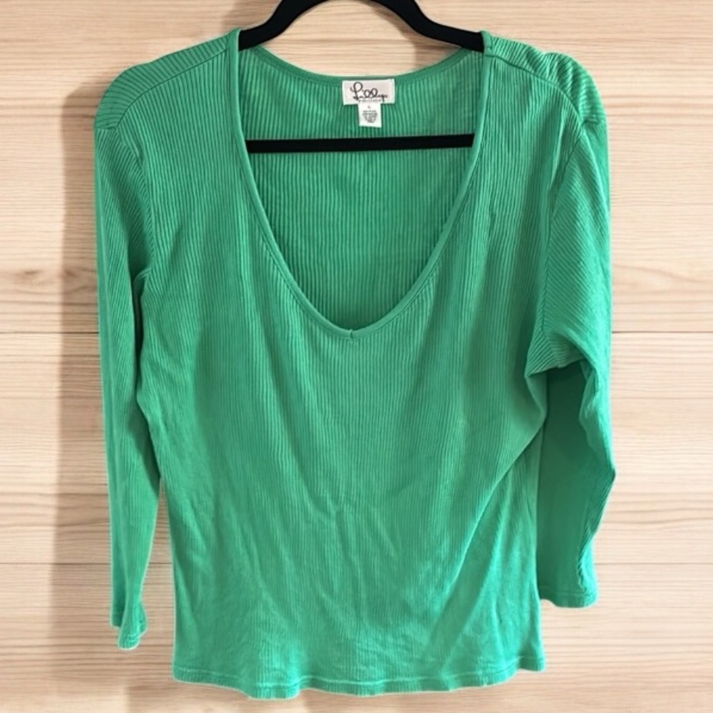 Lilly Pulitzer Fitted Green 3/4 Sleeve ribbed Blouse sz L